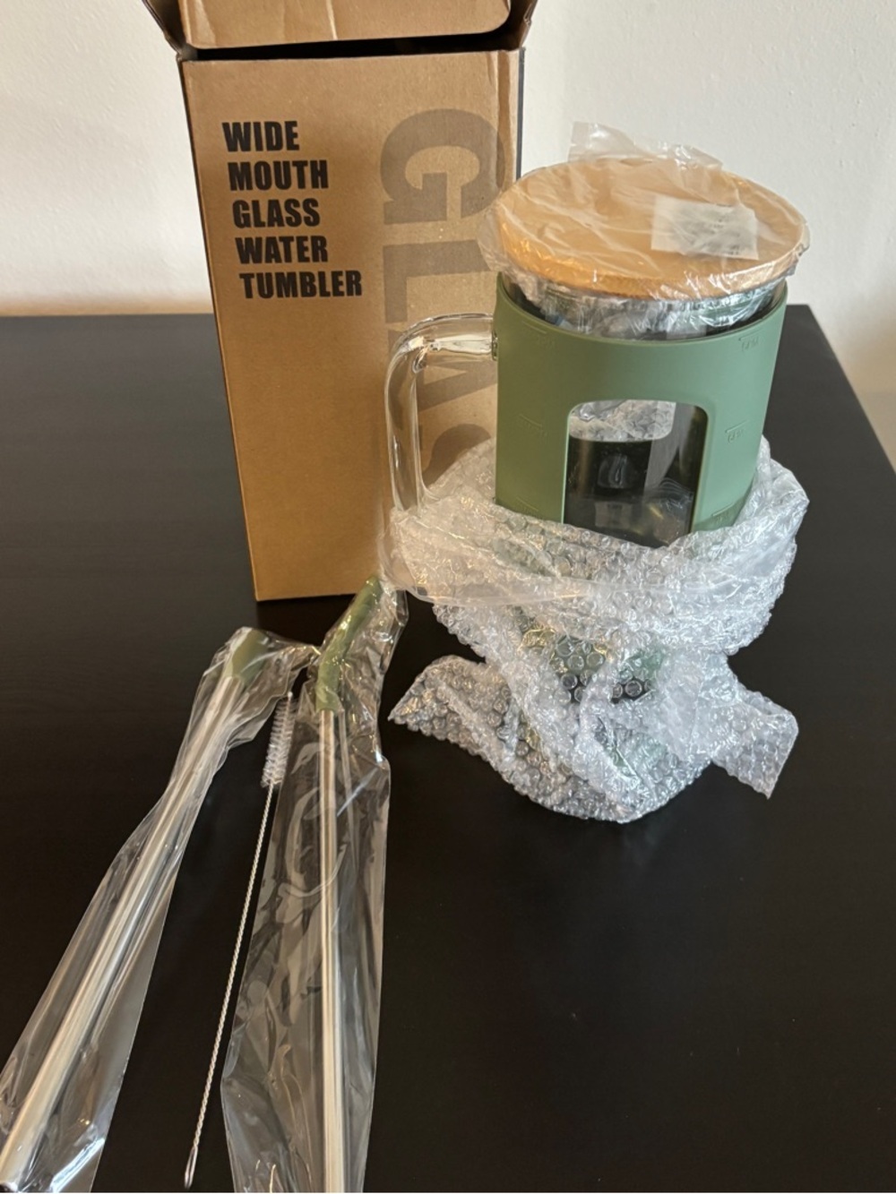 Wide Mouth Glass Water Tumbler with Olive Green Silicone Sleeve - Picture 4 of 8